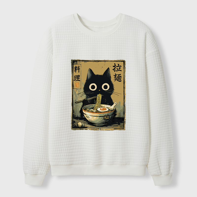 Tokyo-Tiger Cute Black Cat Eating Ramen Japan Waffle Sweatshirt
