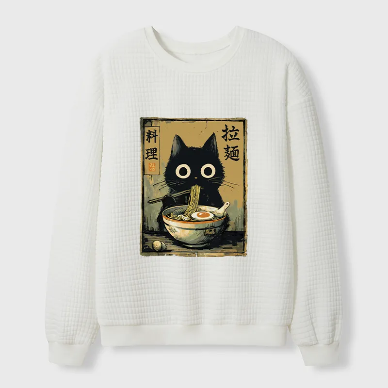 Tokyo-Tiger Cute Black Cat Eating Ramen Japan Waffle Sweatshirt