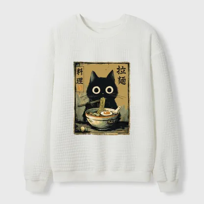 Tokyo-Tiger Cute Black Cat Eating Ramen Japan Waffle Sweatshirt
