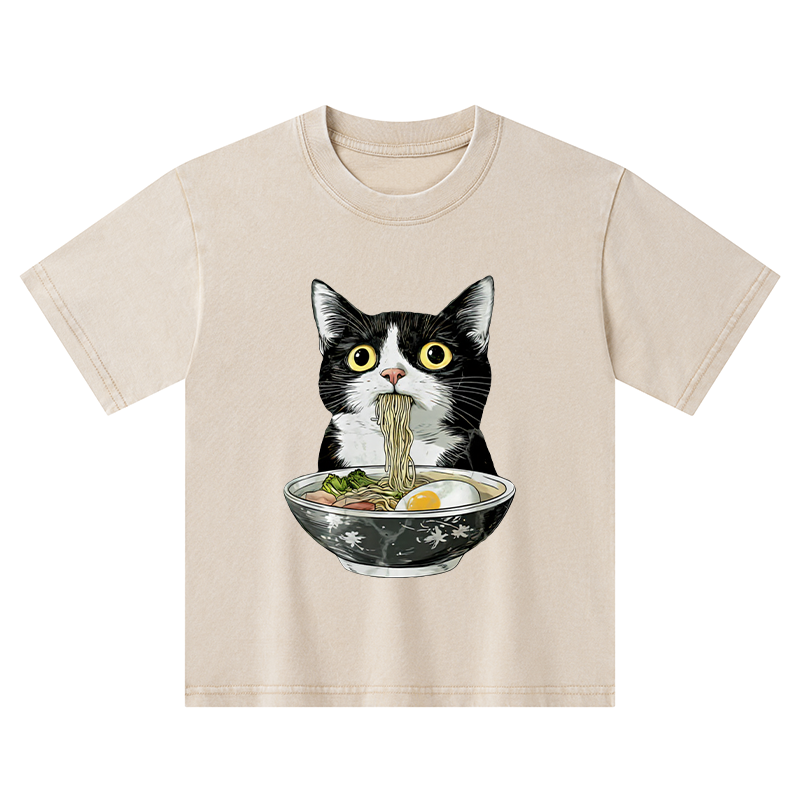 Tokyo-Tiger Cute Cat Eating Japan Ramen Kids Washed T-Shirt