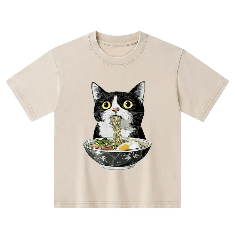 Tokyo-Tiger Cute Cat Eating Japan Ramen Kids Washed T-Shirt
