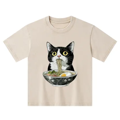 Tokyo-Tiger Cute Cat Eating Japan Ramen Kids Washed T-Shirt