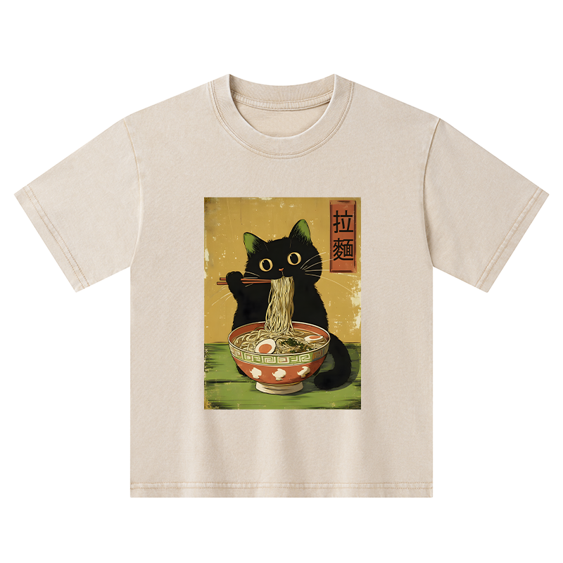 Tokyo-Tiger Vintage Japanese Cat Eating Ramen Kids Washed T-Shirt