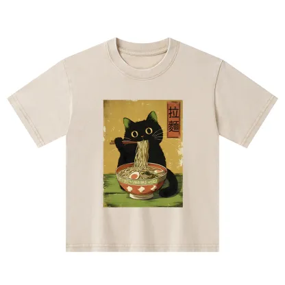 Tokyo-Tiger Vintage Japanese Cat Eating Ramen Kids Washed T-Shirt