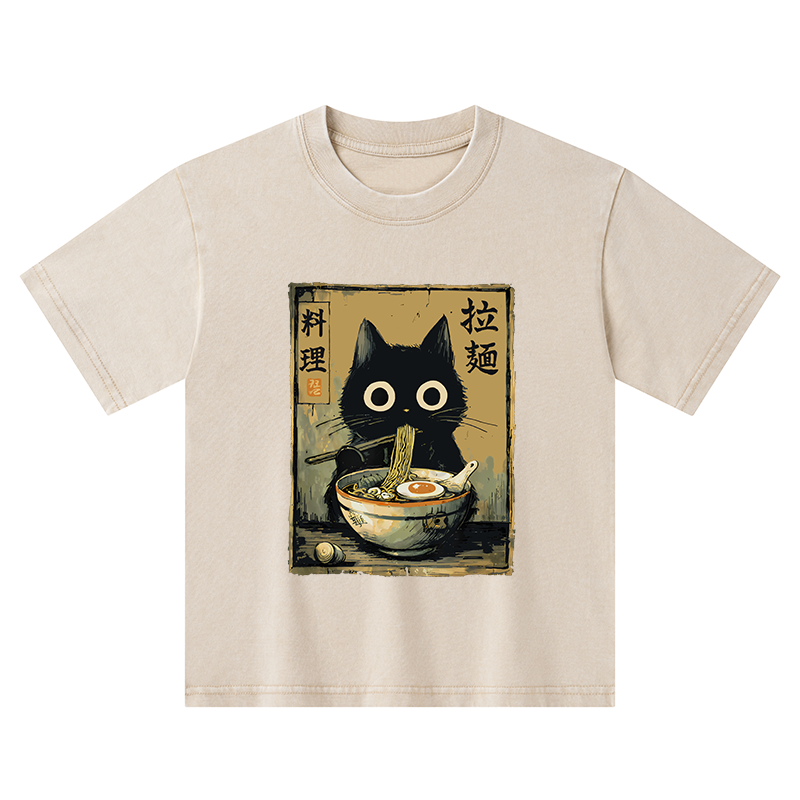 Tokyo-Tiger Cute Black Cat Eating Ramen Japan Kids Washed T-Shirt