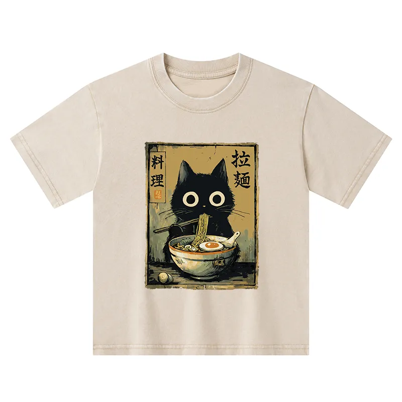 Tokyo-Tiger Cute Black Cat Eating Ramen Japan Kids Washed T-Shirt