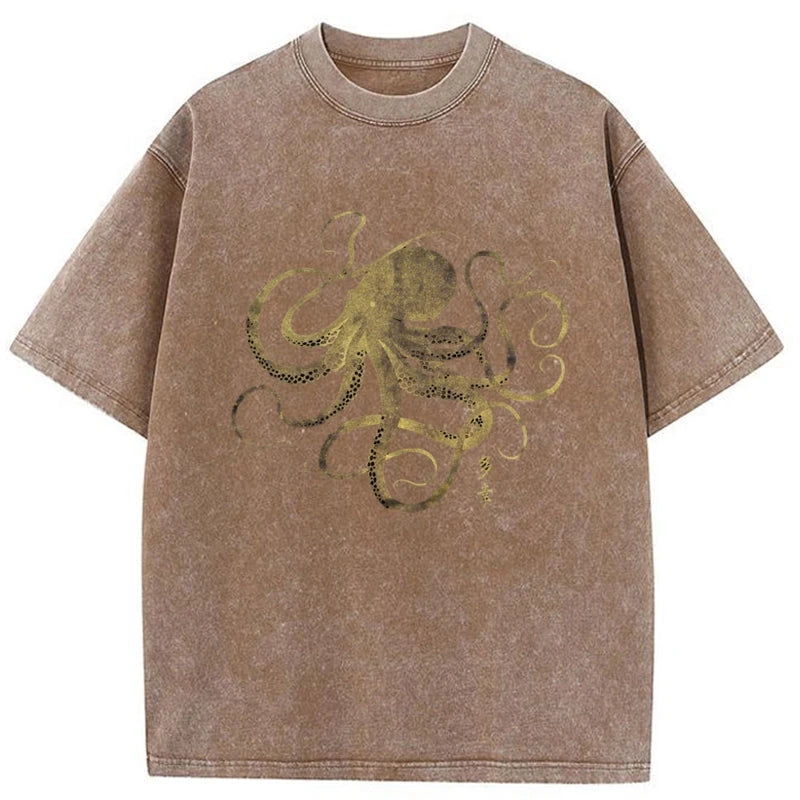 Tokyo-Tiger Octopus Japanese Gold Print Tattoo Washed T-Shirt