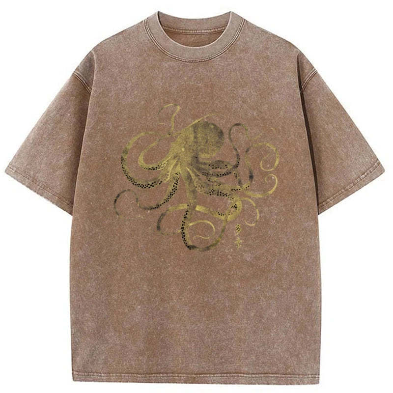 Tokyo-Tiger Octopus Japanese Gold Print Tattoo Washed T-Shirt