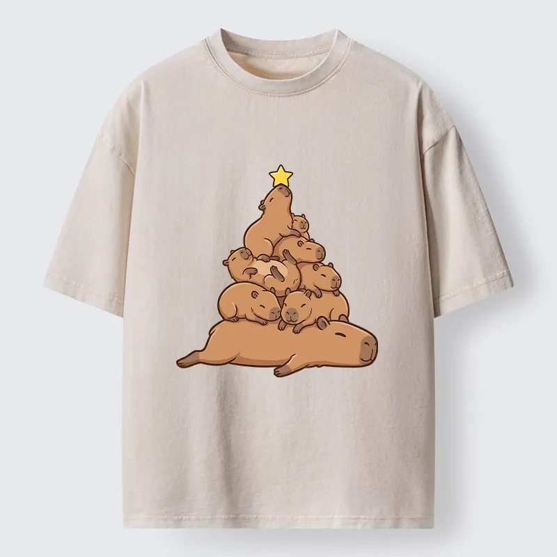 Tokyo‑Tiger Funny Stacked Capybara Christmas Tree Washed T‑Shirt Sale