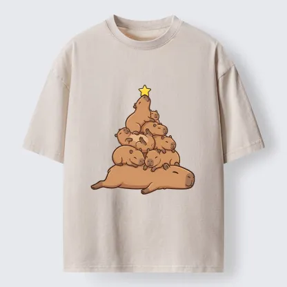 Tokyo-Tiger Funny Stacked Capybara Christmas Tree Washed T-Shirt