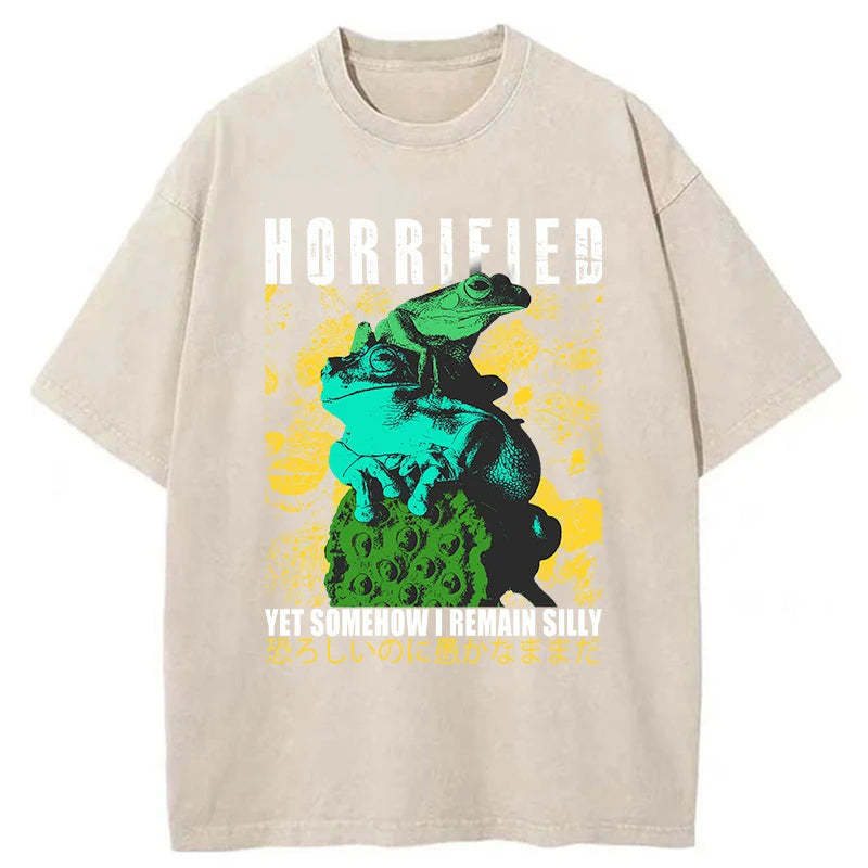 Tokyo-Tiger Horrified Two Frogs Funny Washed T-Shirt