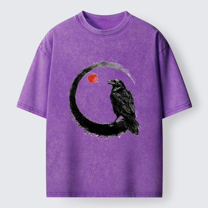 Tokyo-Tiger Japanese Circle Crow Scene Washed T-Shirt