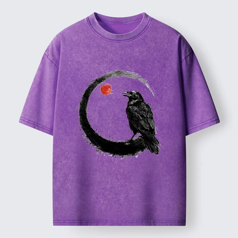 Tokyo-Tiger Japanese Circle Crow Scene Washed T-Shirt