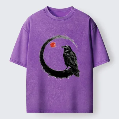 Tokyo-Tiger Japanese Circle Crow Scene Washed T-Shirt