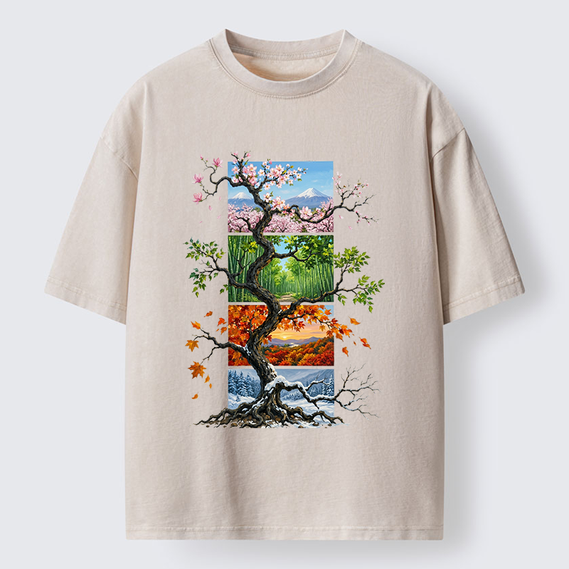 Tokyo-Tiger Nature Four Seasons Tree Art Washed T-Shirt