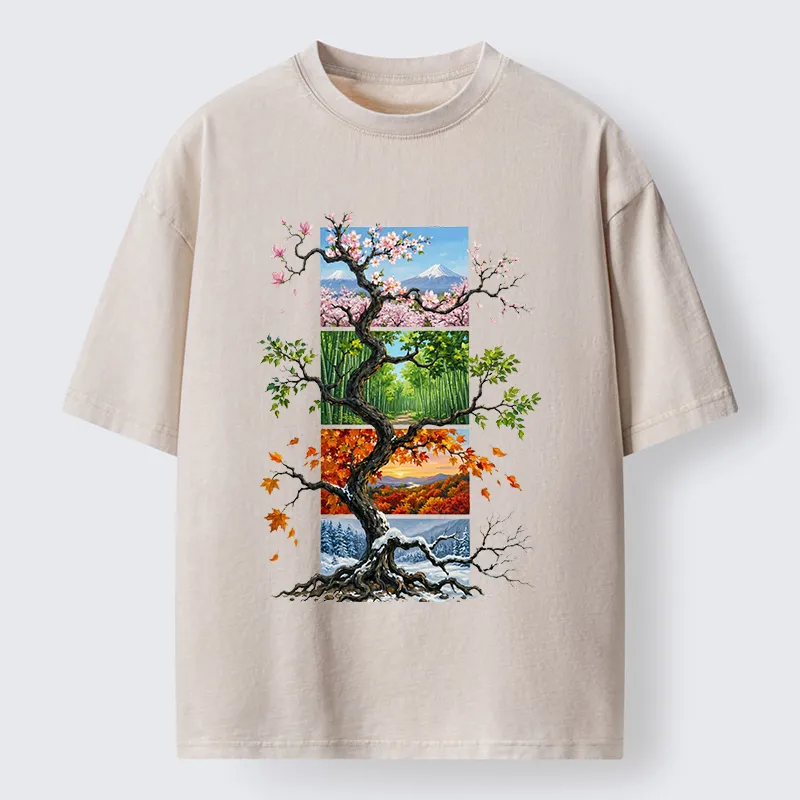 Tokyo‑Tiger Nature Four Seasons Tree Art Washed T‑Shirt Sale