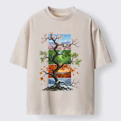 Tokyo-Tiger Nature Four Seasons Tree Art Washed T-Shirt