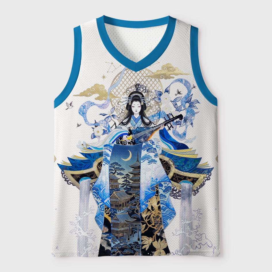 Tokyo-Tiger Tranquil Melody Biwa Geisha Ukiyo-e Mesh Tank Top
