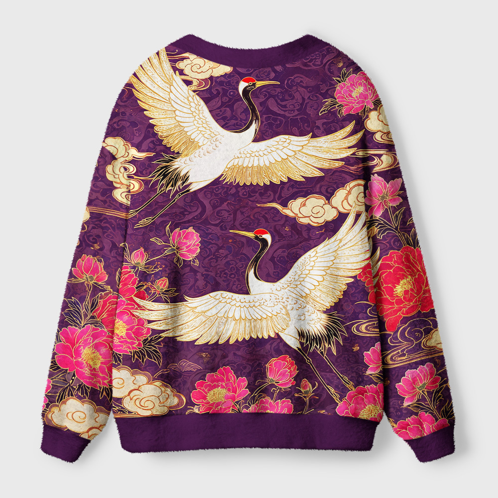 Tokyo-Tiger Purple Mist Flower Crane Ugly Cardigan Sweater