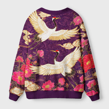 Tokyo-Tiger Purple Mist Flower Crane Ugly Cardigan Sweater