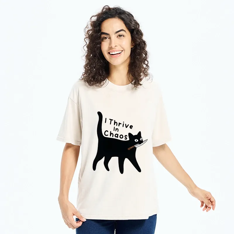 Tokyo-Tiger Chaotic Black Cat With Knife Washed T-Shirt