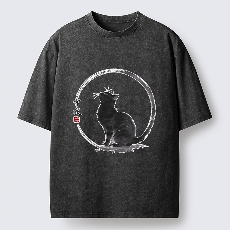 Tokyo-Tiger Traditional Zen Ink Cat Washed T-Shirt