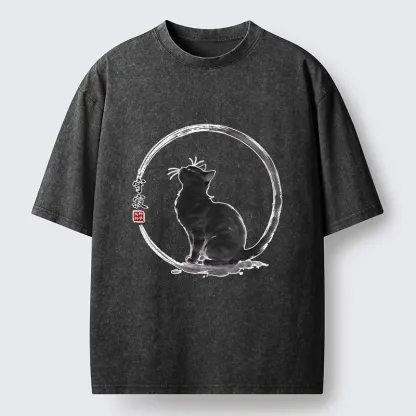 Tokyo-Tiger Traditional Zen Ink Cat Washed T-Shirt