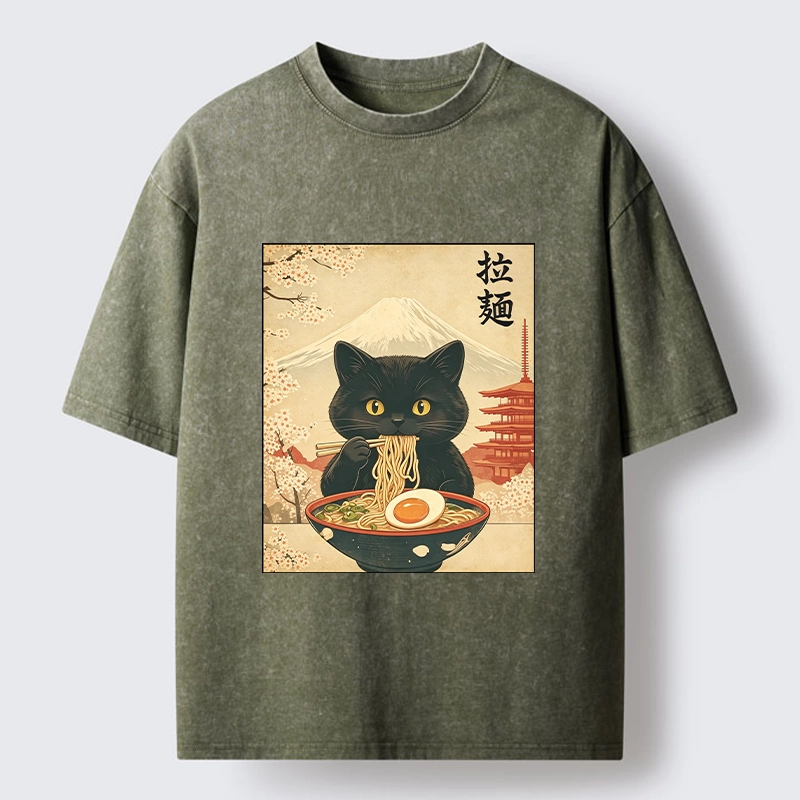 Tokyo‑Tiger Black Cute Cat Ramen Feast Washed T‑Shirt