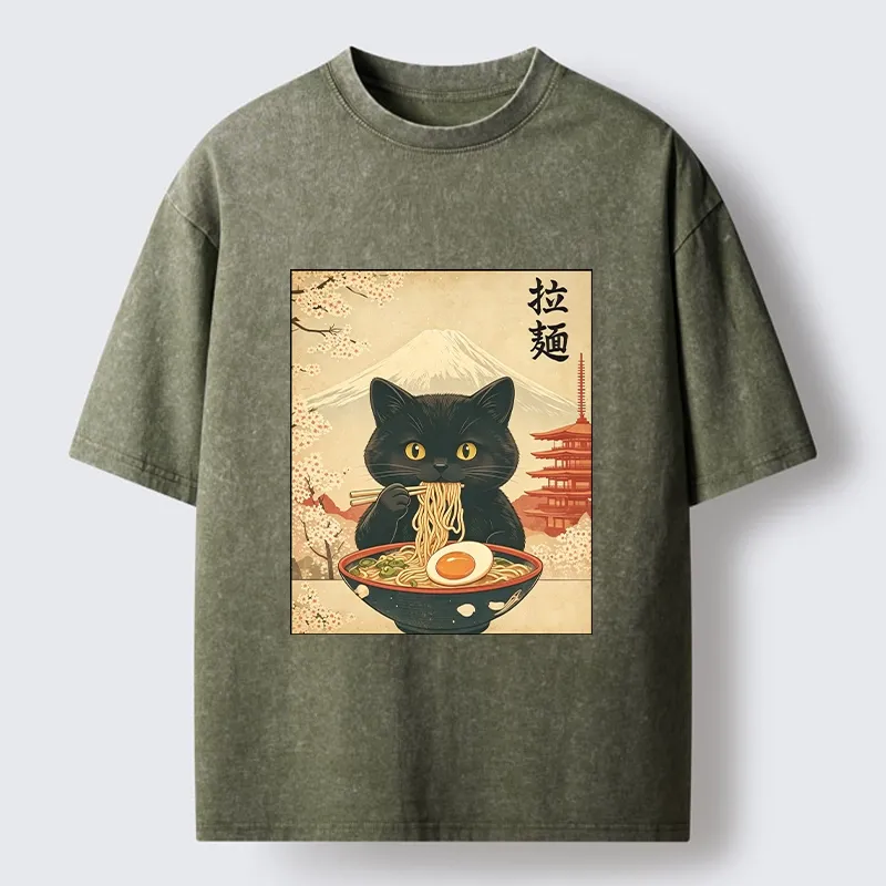 Tokyo‑Tiger Black Cute Cat Ramen Feast Washed T‑Shirt