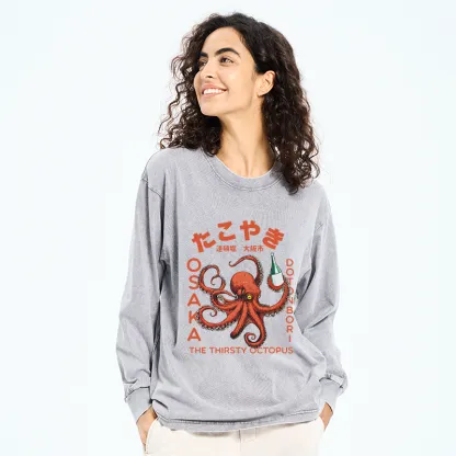 Tokyo-Tiger Octopus Drinks Soju Washed Long Sleeve T-Shirt