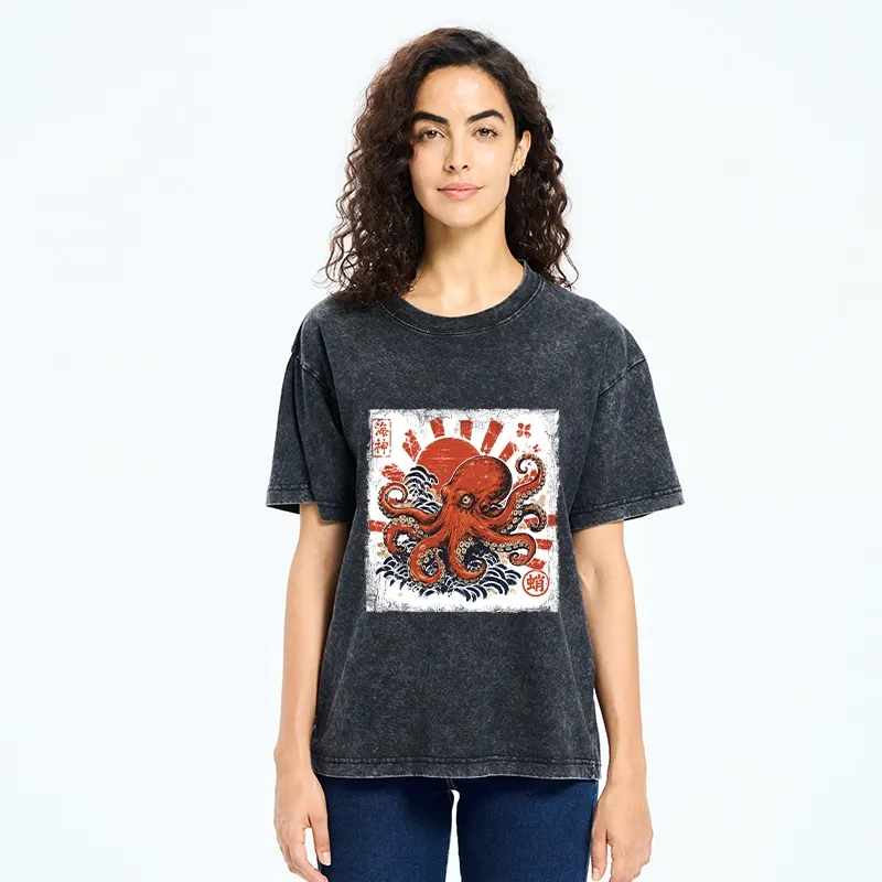 Tokyo-Tiger Bold Red Ocean Octopus Graphic Washed T-Shirt
