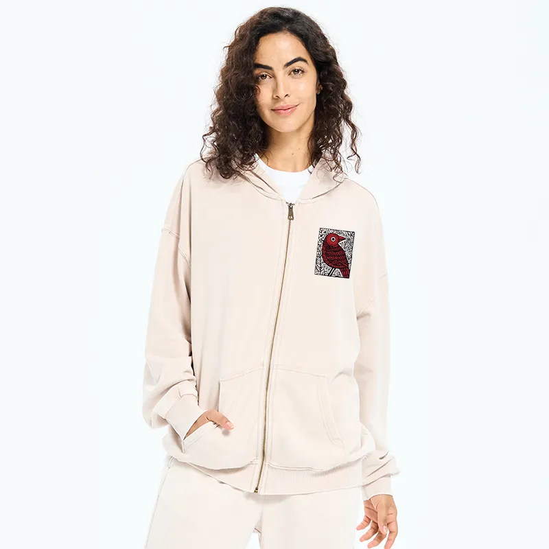 Tokyo-Tiger Retro Woodblock Bird Washed Zip Hoodie