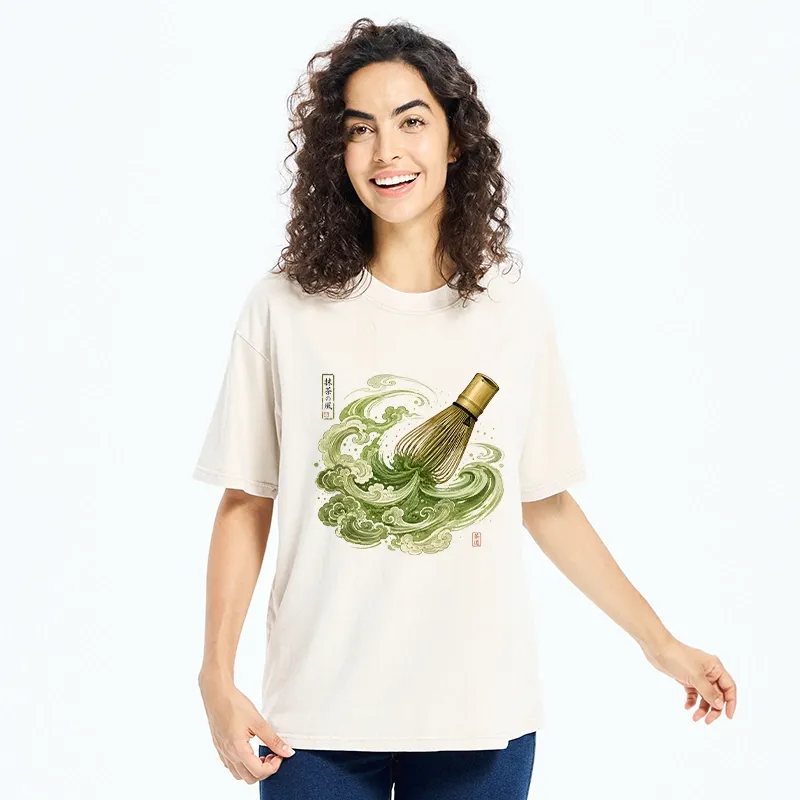 Tokyo-Tiger Zen Matcha Wave Bamboo Whisk Vintage Print Washed T-Shirt