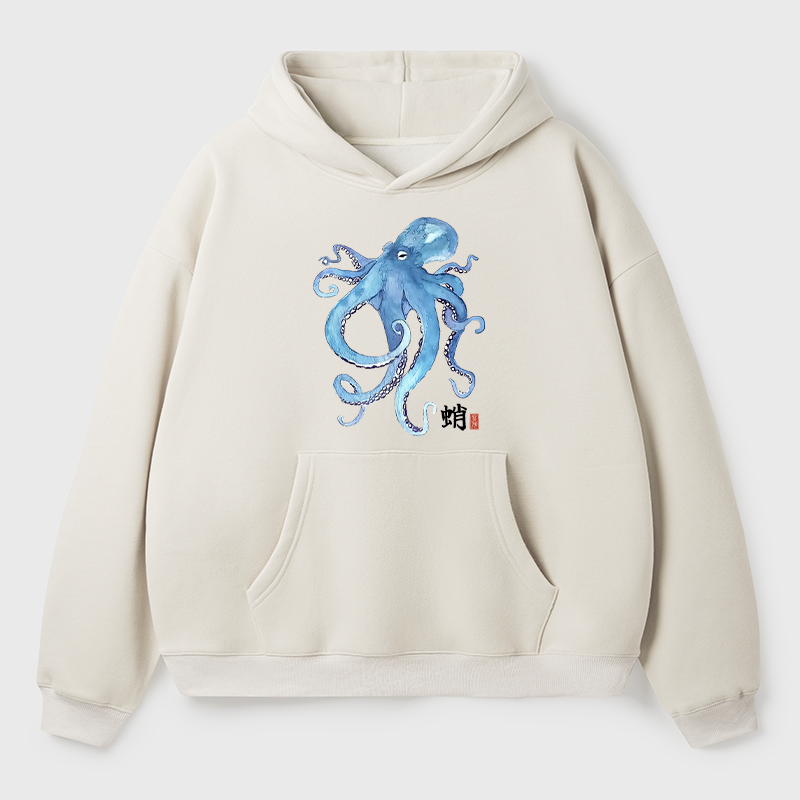 Tokyo-Tiger Watercolor Blue Octopus Adult Fleece Hoodie