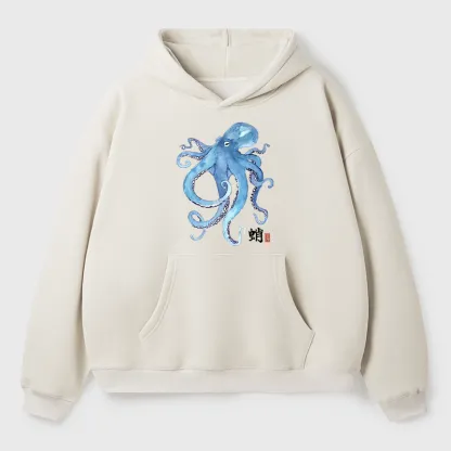 Tokyo-Tiger Watercolor Blue Octopus Adult Fleece Hoodie