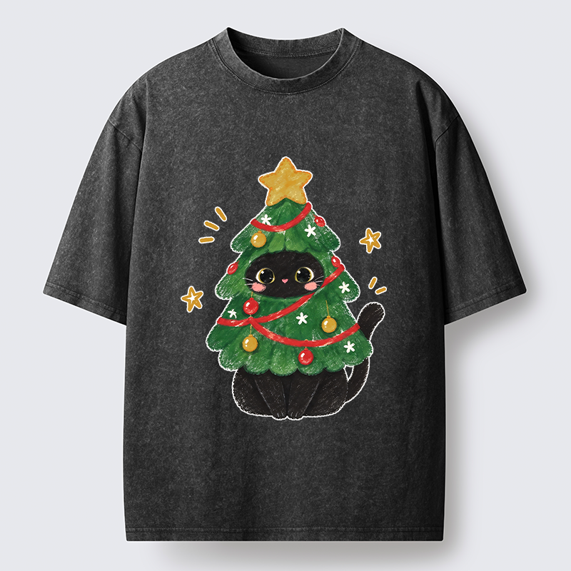 Tokyo-Tiger Christmas Tree Black Cat Washed T-Shirt
