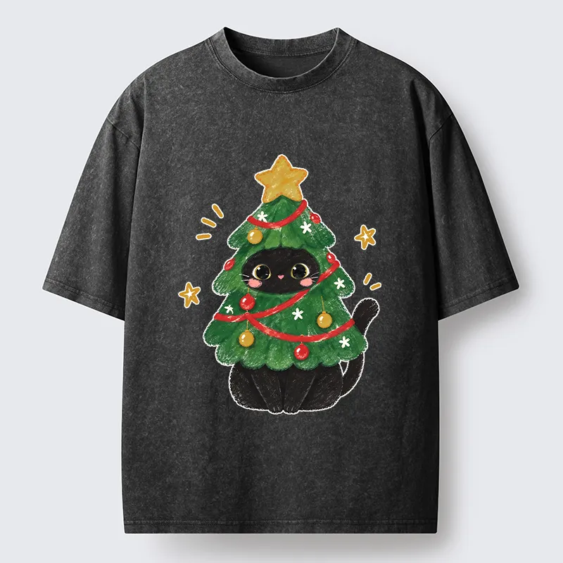 Tokyo-Tiger Christmas Tree Black Cat Washed T-Shirt