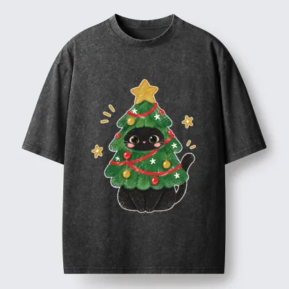 Tokyo-Tiger Christmas Tree Black Cat Washed T-Shirt