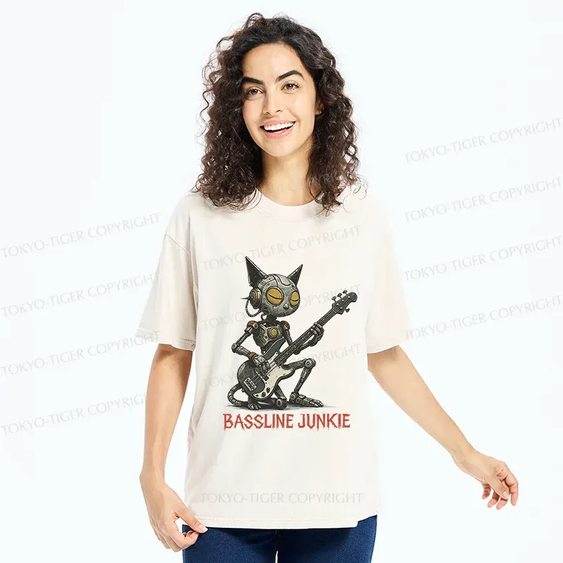 Tokyo-Tiger Robot Cat Playing Bass Washed T-Shirt