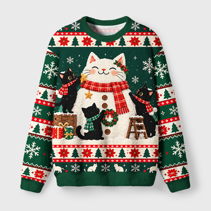 Tokyo-Tiger Cats Build Snowcat Funny Meme Fuzzy Christmas Ugly Sweatshirt Sale