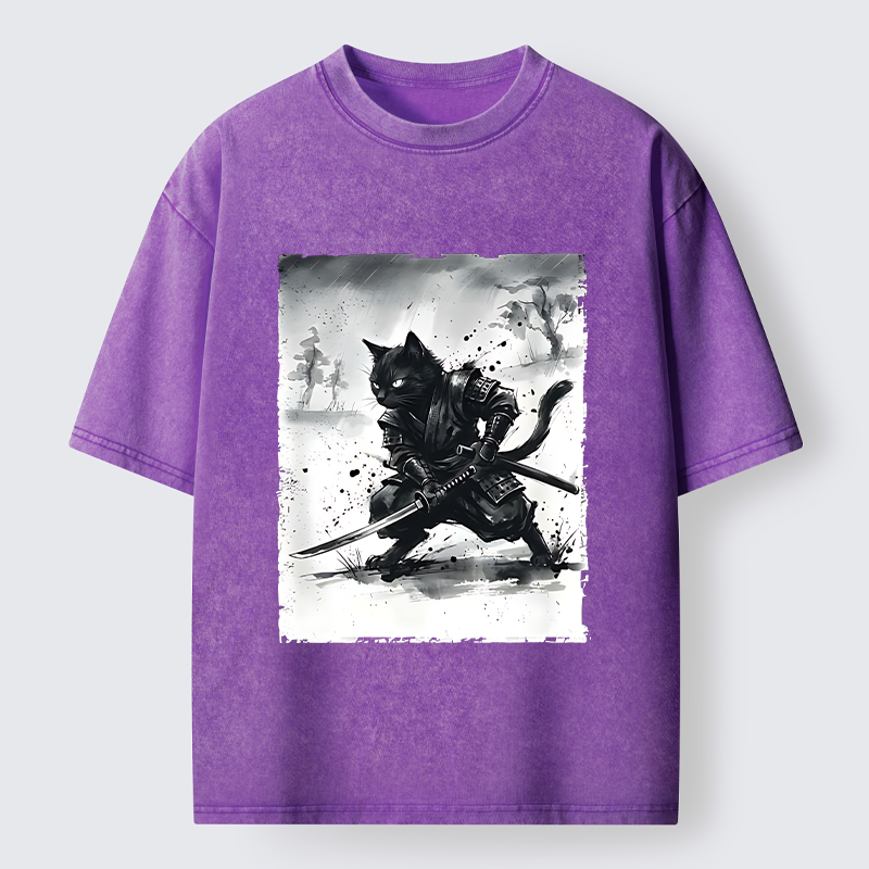 Tokyo-Tiger Ink Samurai Cat Art Washed T-Shirt