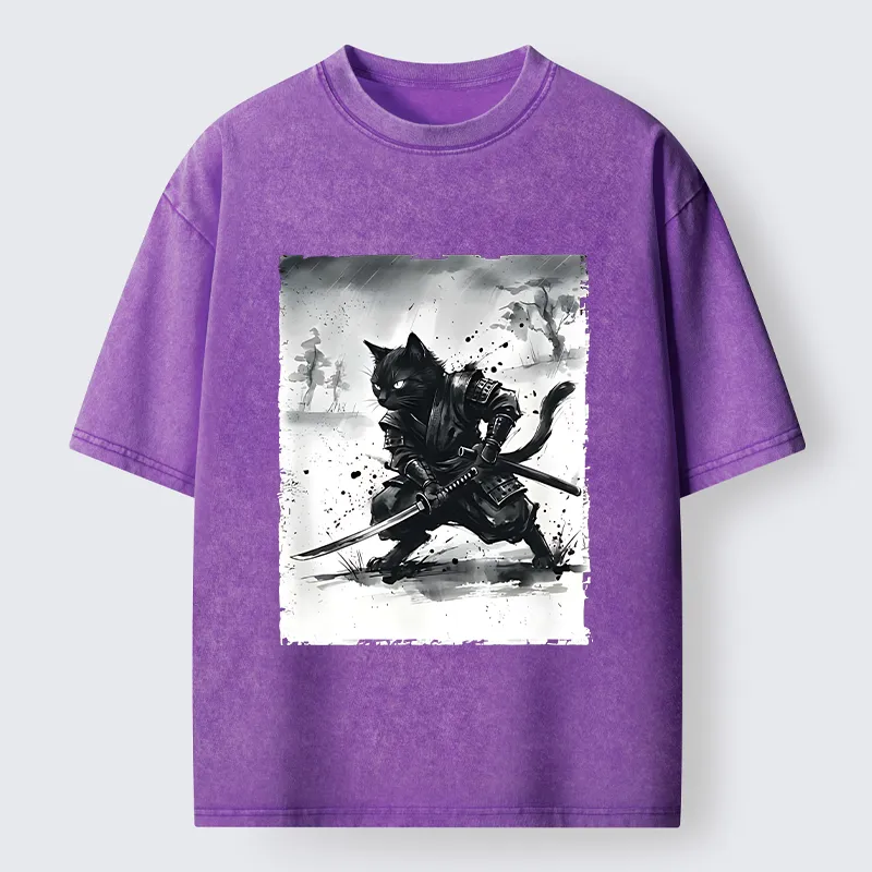 Tokyo-Tiger Ink Samurai Cat Art Washed T-Shirt