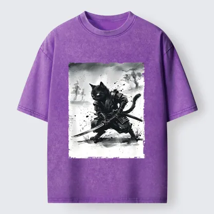 Tokyo-Tiger Ink Samurai Cat Art Washed T-Shirt
