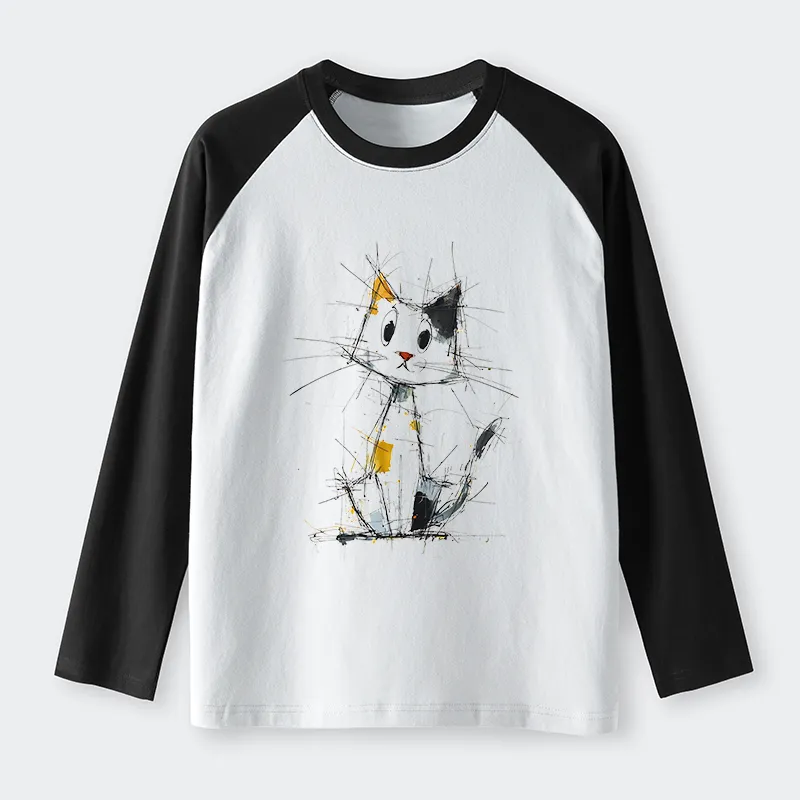 Tokyo-Tiger Minimal Splash Ink Cute Cat Raglan Long Sleeve T-shirt