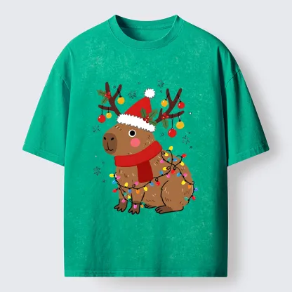 Tokyo-Tiger Cute Christmas Capybara Washed T-Shirt
