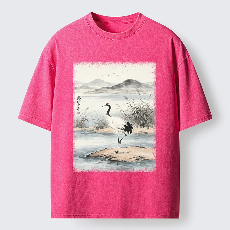 Tokyo-Tiger Serene Oriental Crane Art Washed T-Shirt