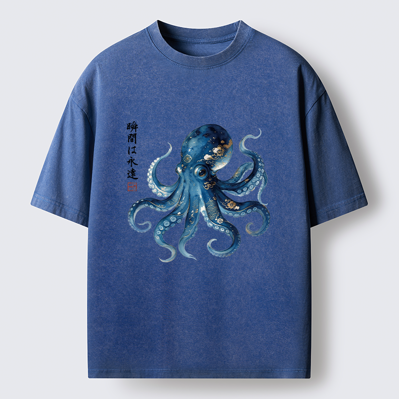 Tokyo-Tiger Japanese Ink Blue Octopus Art Washed T-Shirt