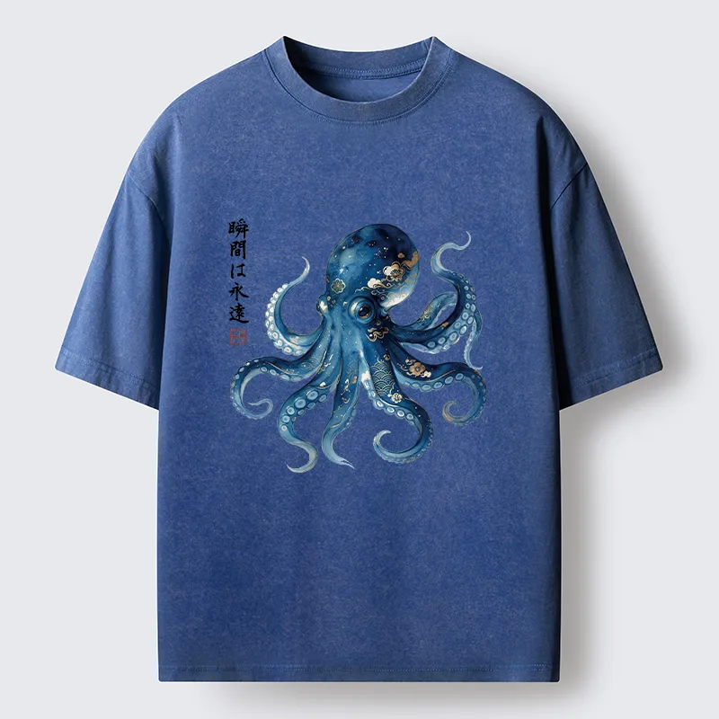 Tokyo-Tiger Japanese Ink Blue Octopus Art Washed T-Shirt