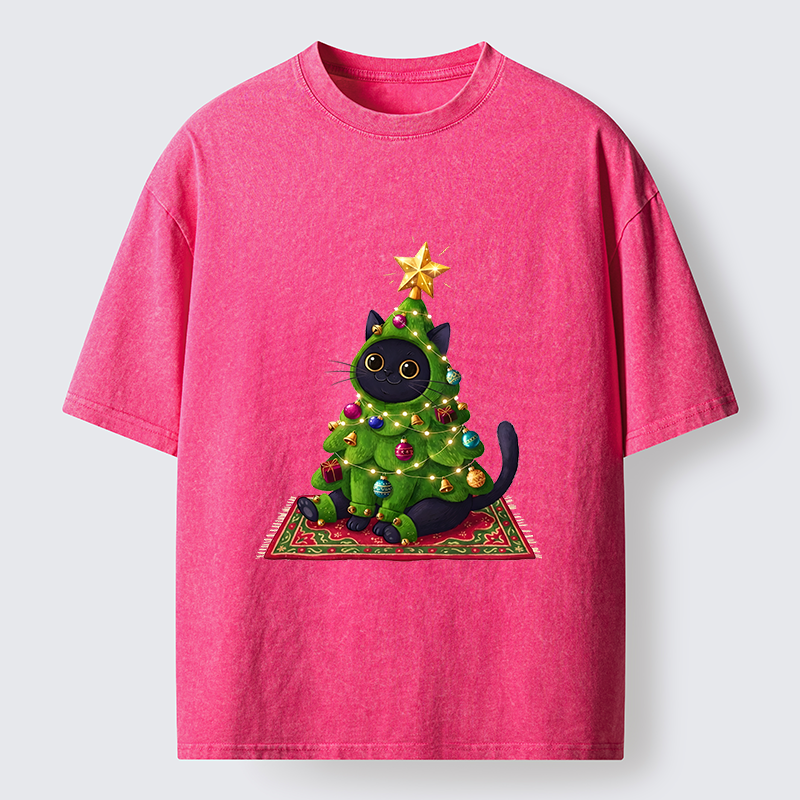 Tokyo-Tiger Cute Christmas Tree Cat Washed T-Shirt