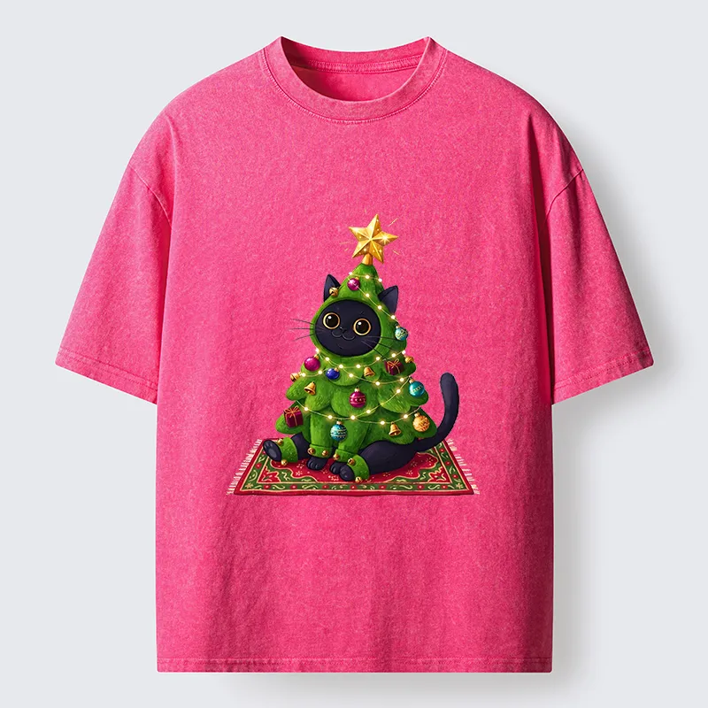 Tokyo-Tiger Cute Christmas Tree Cat Washed T-Shirt